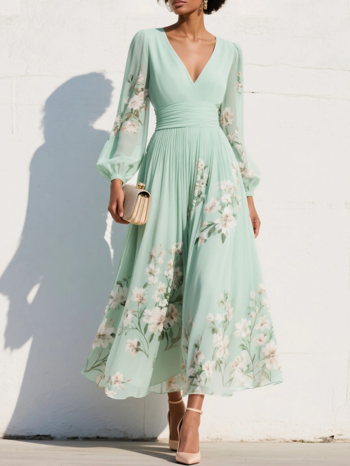 Lichtgroene midi-jurk van chiffon met hartvormige halslijn en bloemenprint