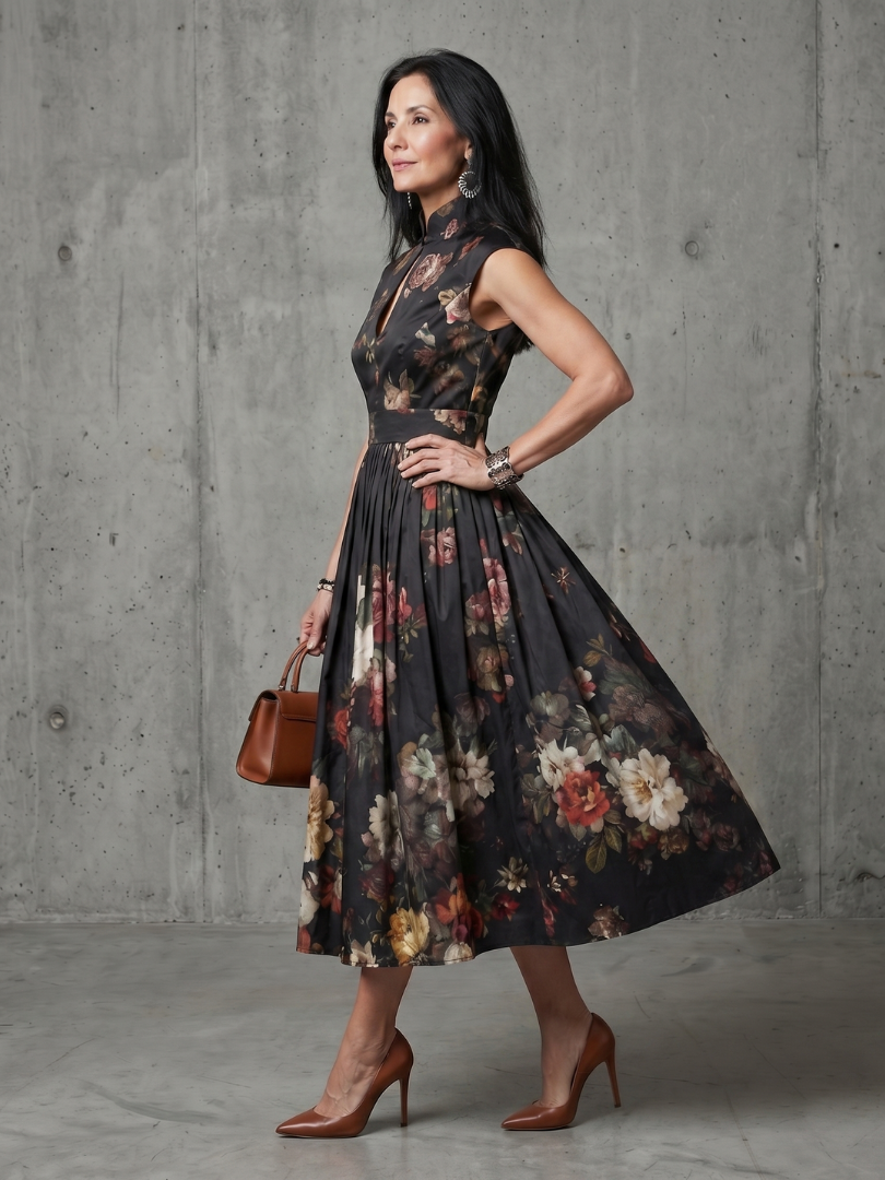 Britt | Midi Geplooide Bloemen Jurk