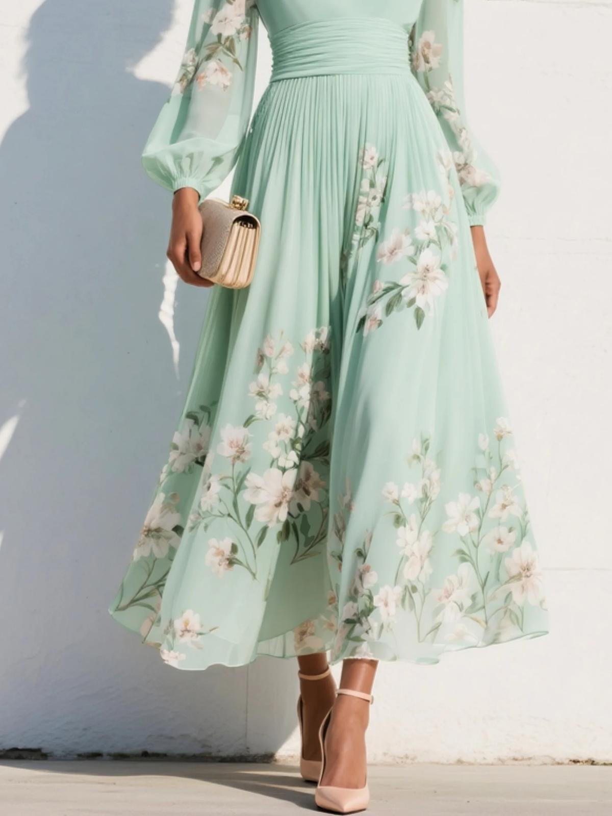 Lichtgroene midi-jurk van chiffon met hartvormige halslijn en bloemenprint
