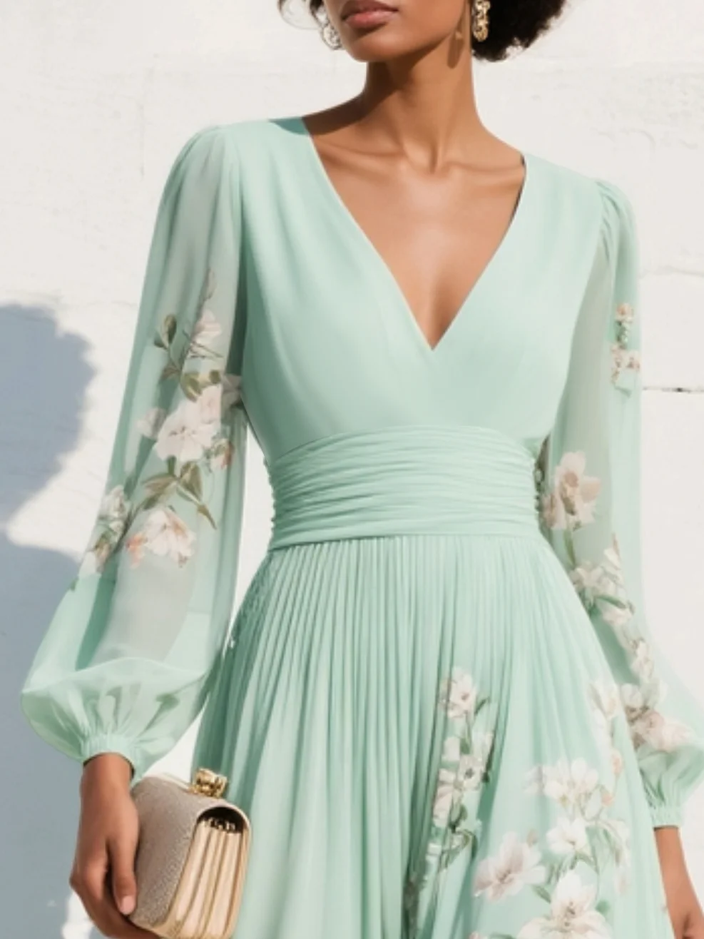 Lichtgroene midi-jurk van chiffon met hartvormige halslijn en bloemenprint
